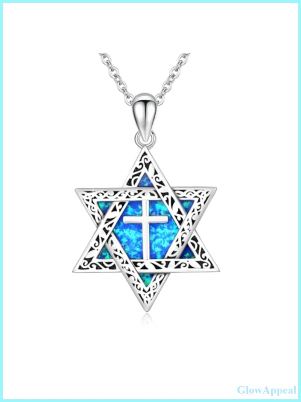 Sterling Silver Star of David Cross Necklace with Blue Opal